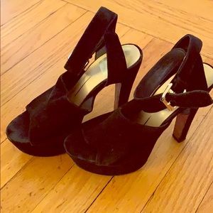 Black suede platforms. Wrap around ankle strap